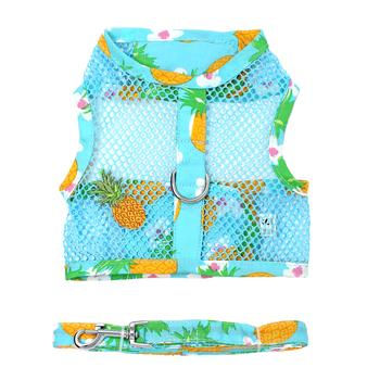 Top view of cool mesh dog harness with appliqued pineapple