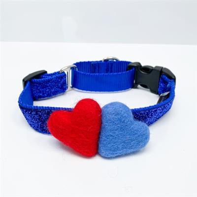 red and blue felt hearts on royal blue dog collar