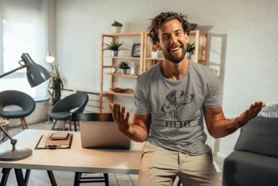 Man wearing dalmatian dog dad shirt in living room