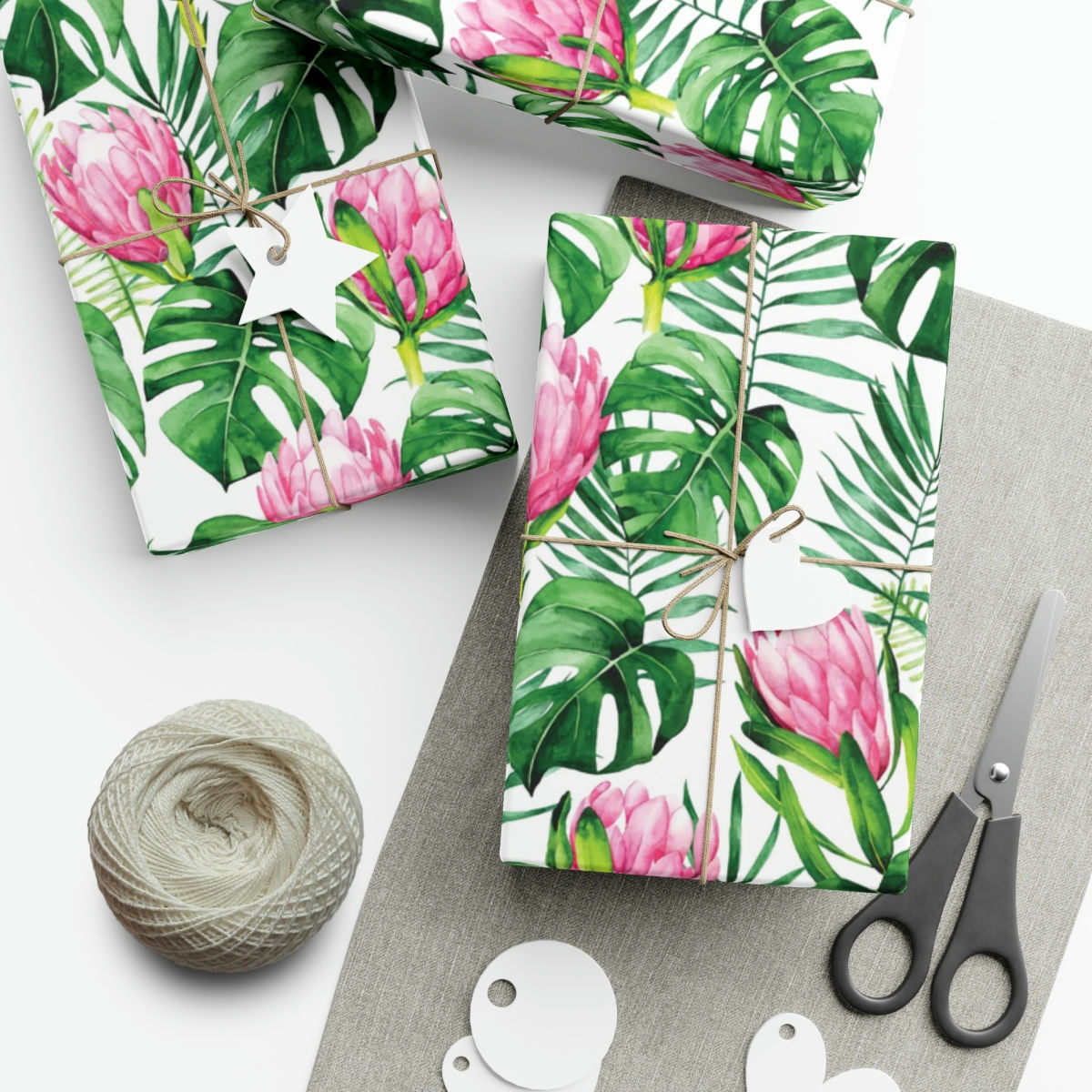 Three gifts of tropical floral sustainable gift wrap