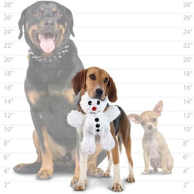 dog holding snowman dog toy in mouth