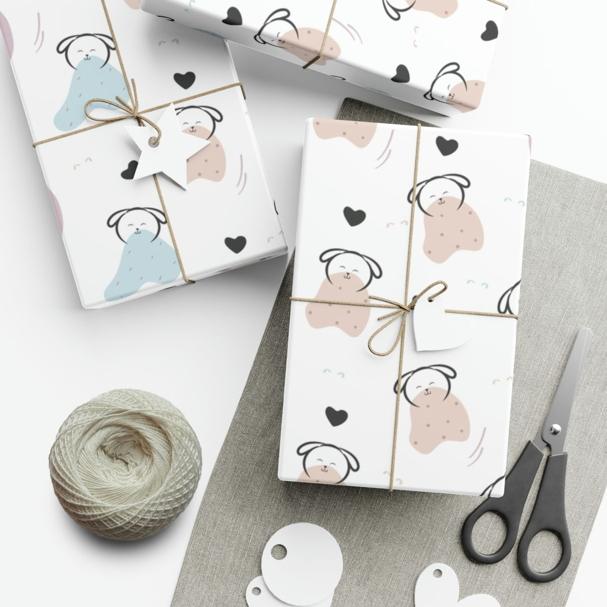 Three gifts wrapped in cute puppy face gift wrap
