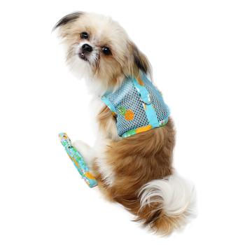 Dog wearing cool mesh dog harness with appliqued pineapple