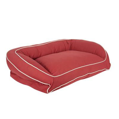 Size view of personalized red barn dog bolster bed