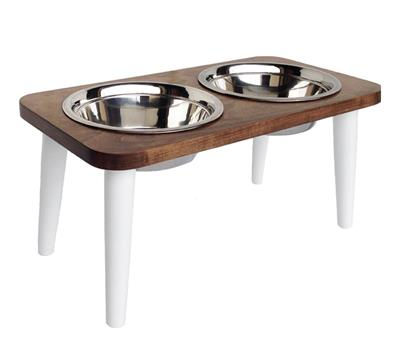 white raised dog feeding station with stainless steel bowls