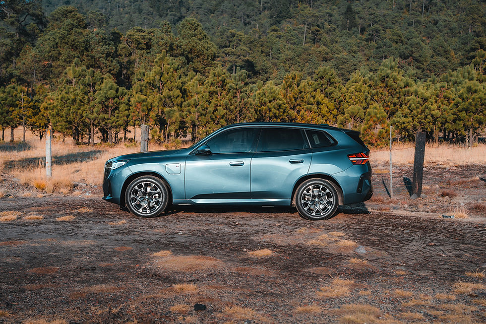 BMW X3 30e xDrive - A blue SUV is parked on a dirt road with a forest of green trees in the background under a clear sky. The mood is calm and serene.