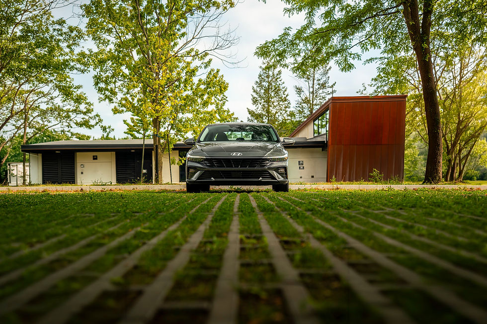 Hyundai Elantra Hybrid - Black car parked on a grassy surface in front of a modern building. Trees with green foliage surround the scene under a clear sky.