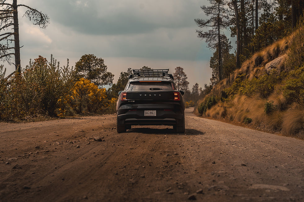 Volvo EX30 Cross Country - Black Volvo SUV on a dusty forest road, taillights glowing, with trees and grassy hills under a cloudy sky.