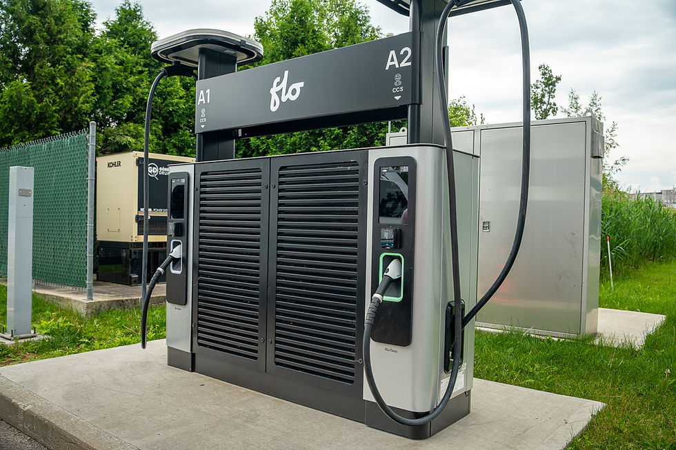 Electric charging station with two plugs labeled A1 and A2 by "flo." Surrounded by greenery and industrial equipment, with overcast sky.