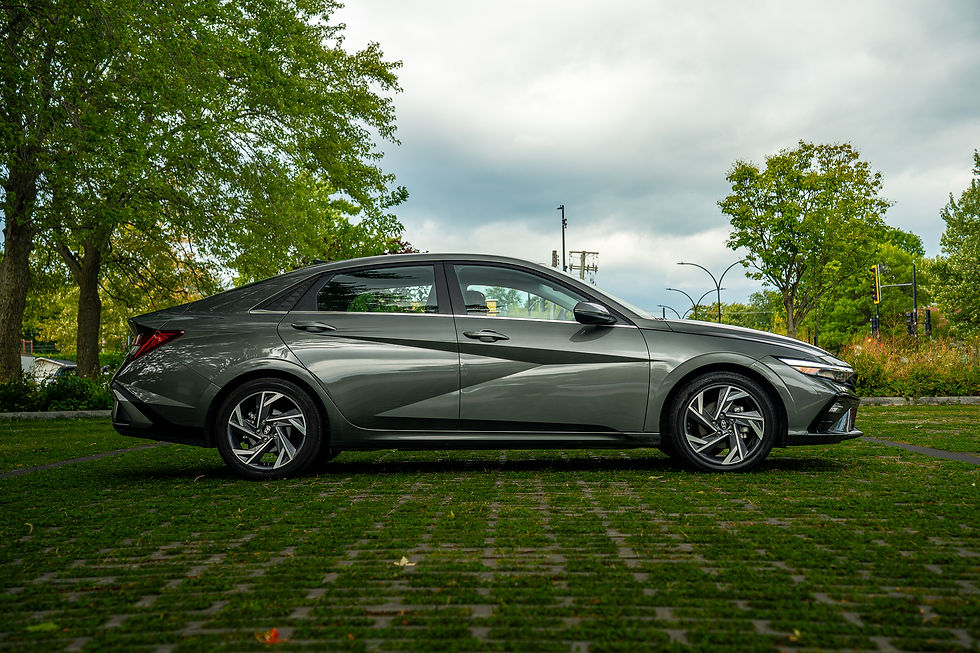 Hyundai Elantra Hybrid - Gray sedan parked on a green grassy area with trees and a cloudy sky in the background, conveying a calm and serene mood.