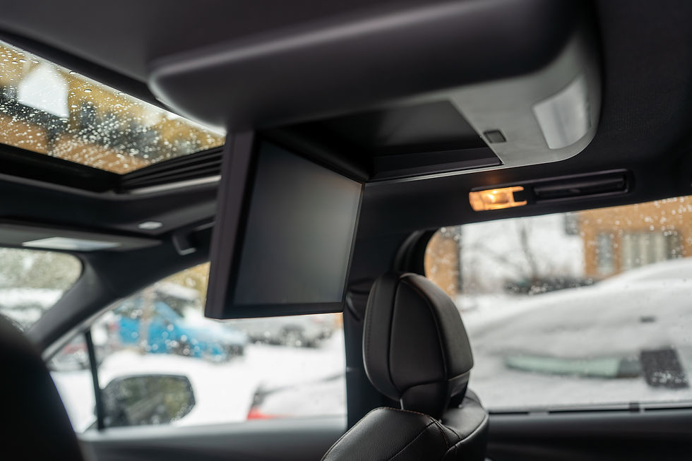 Toyota Sienna Hybrid - Car interior with a ceiling-mounted flip-down screen above a headrest, rain-speckled windows, and snow outside.