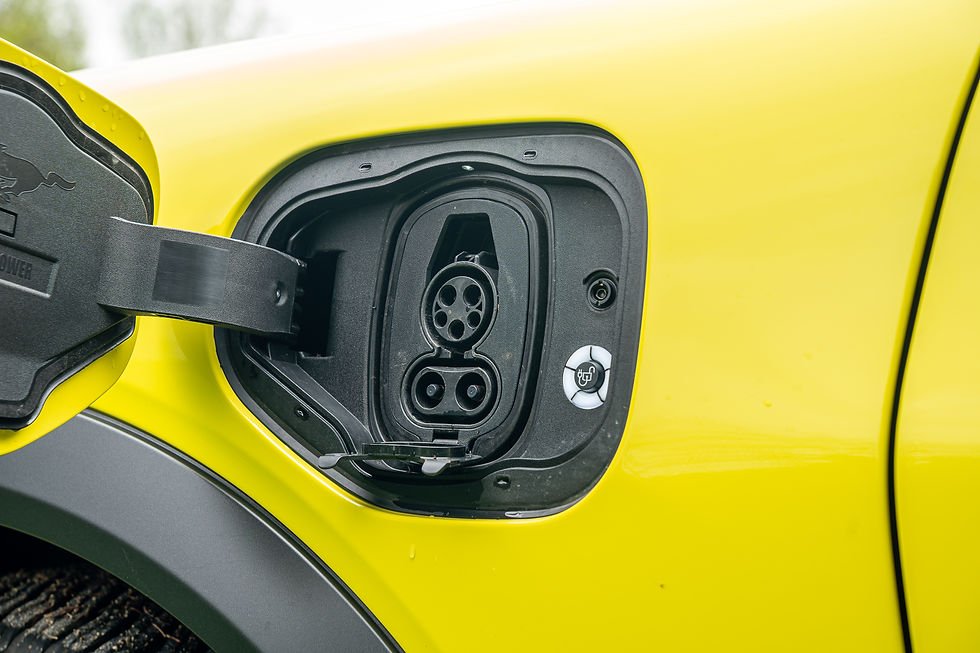 Ford Mustang Mach-E Rally charging port open, showing sockets. Black cover swings aside. Overcast sky in background.