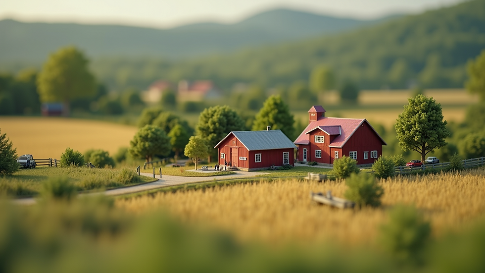 Close-up view of a 3D model of a rural farm layout