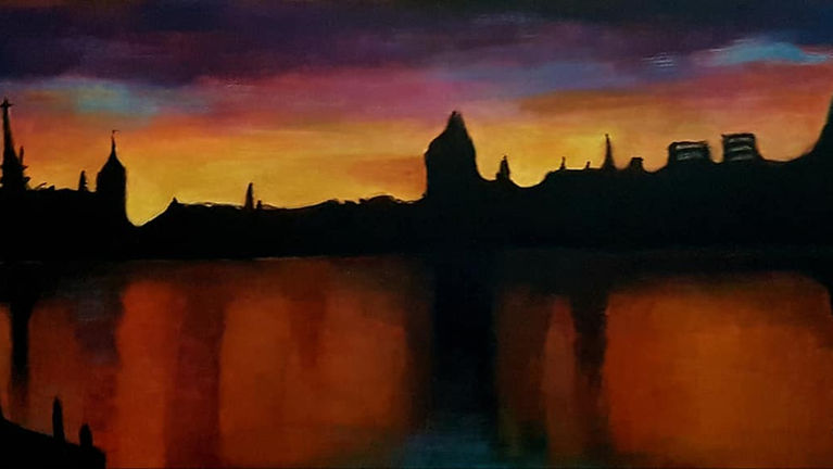Abendrot über Basel. Acryl auf Holzbrett. 50 x 50cm..jpg