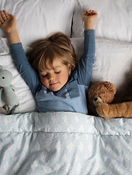 A child asleep with stuffed animals.