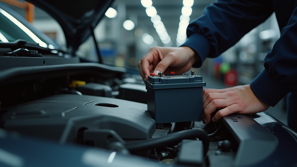 Augenblickaufnahme einer Werkstatt, die eine Autobatterie wechselt