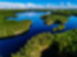 Aerial view of blue lakes and green fore