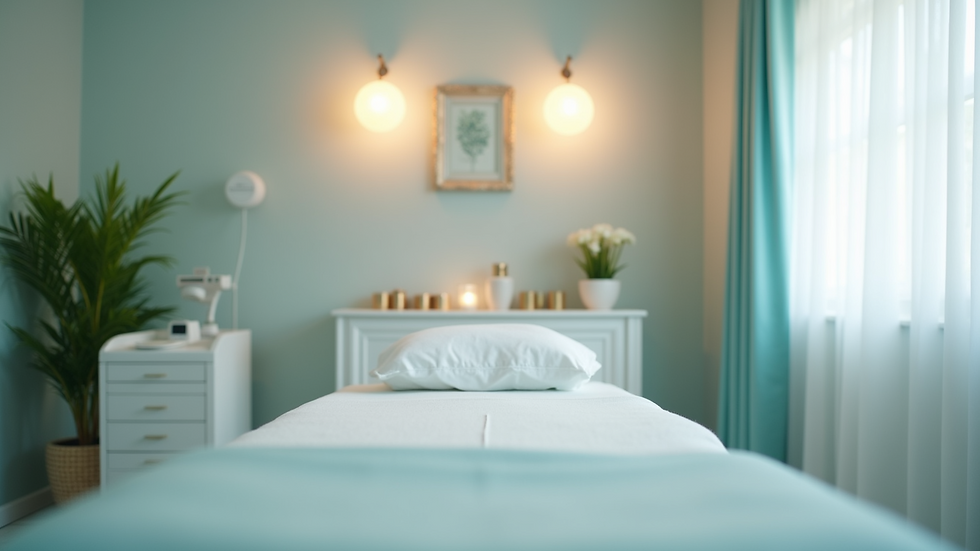 Eye-level view of a serene med spa treatment room with soft lighting