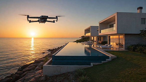 Um drone de alta performance paira no ar, capturando imagens sobre uma paisagem costeira com uma casa de luxo e piscina ao pôr do sol em Santa Catarina, demonstrando a qualidade superior do serviço de drone.