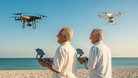 Dois homens idosos, sorrindo e vestindo camisas brancas, estão em uma praia com a água do