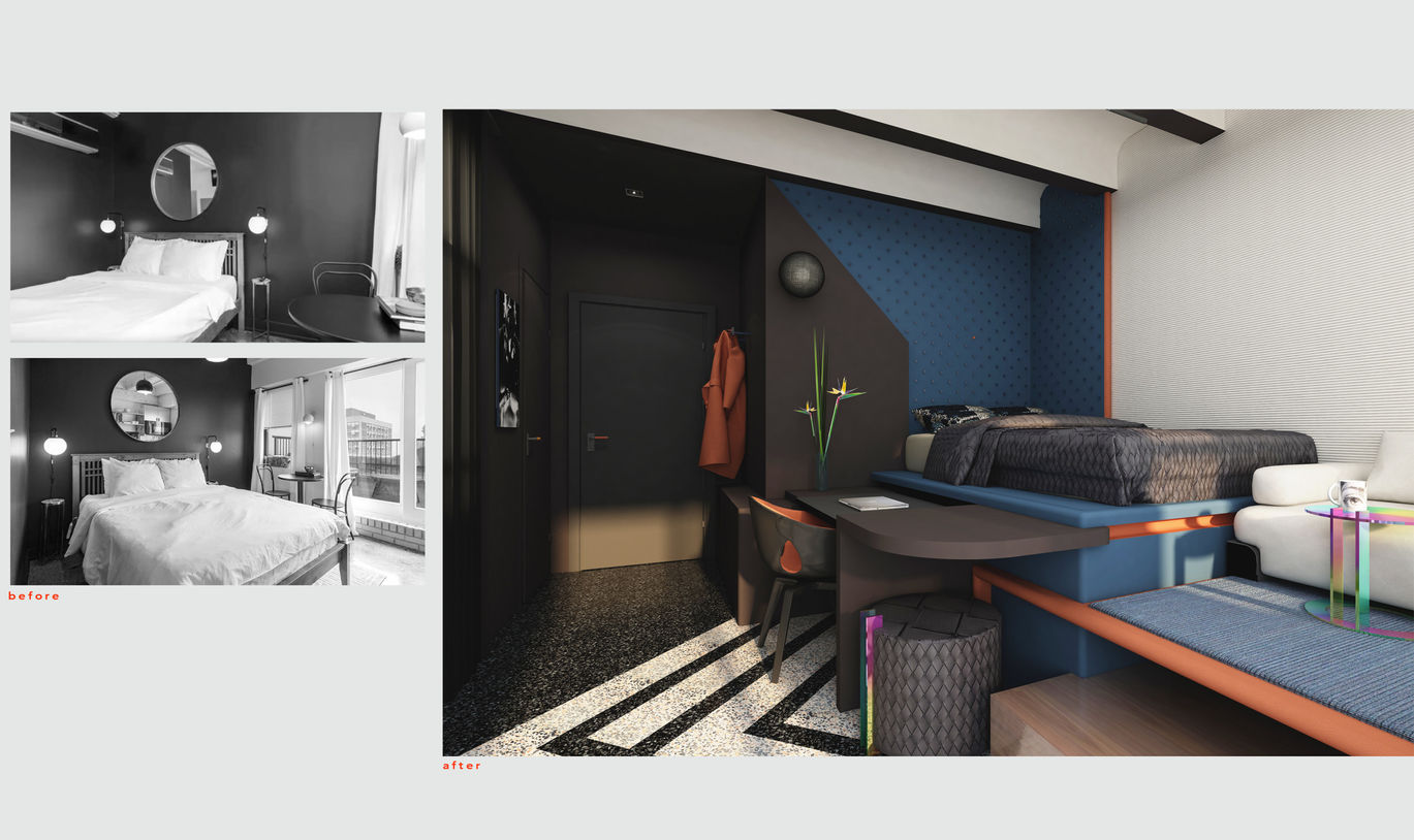 Before-and-after comparison of the micro-apartment. The "before" images show a simple white-walled bedroom with minimal furnishings, while the "after" showcases the bold redesign with a raised bed, patterned terrazzo floor, and integrated desk system.