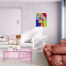 Buttercup, and abstract painting, in a room
