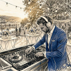 Ein DJ sorgt auf einer Hochzeit mit gekonnten Handgriffen am Mischpult für die perfekte musikalische Stimmung.