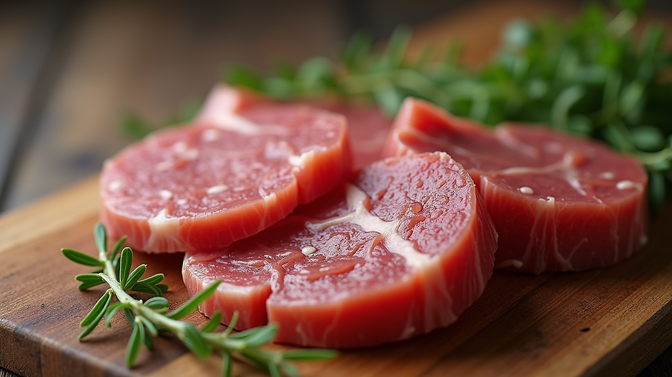 Close-up view of natural meat products on a wooden board
