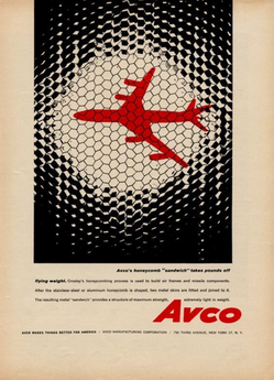 A retro-style ad featuring a red airplane silhouette against a honeycomb pattern. The ad is for Avco’s honeycomb “sandwich” material, emphasizing its lightweight construction used in airframes and missile components. The ad is dominated by black and white with a striking red airplane in the center. Created by Raised Media Co., specializing in experiential video production and commercial photography.