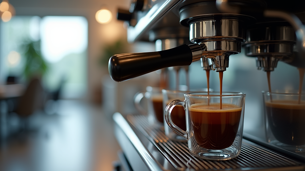 Close-up view of a coffee machine dispensing fresh coffee in an office environment