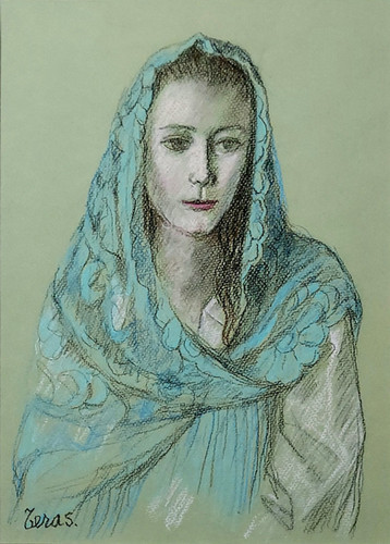 寺島　龍一「ブルーのショールを纏う女性」パステル 寺島 龍一「ブルーのショールを纏う女性」 | ギャラリーフォーリーフ