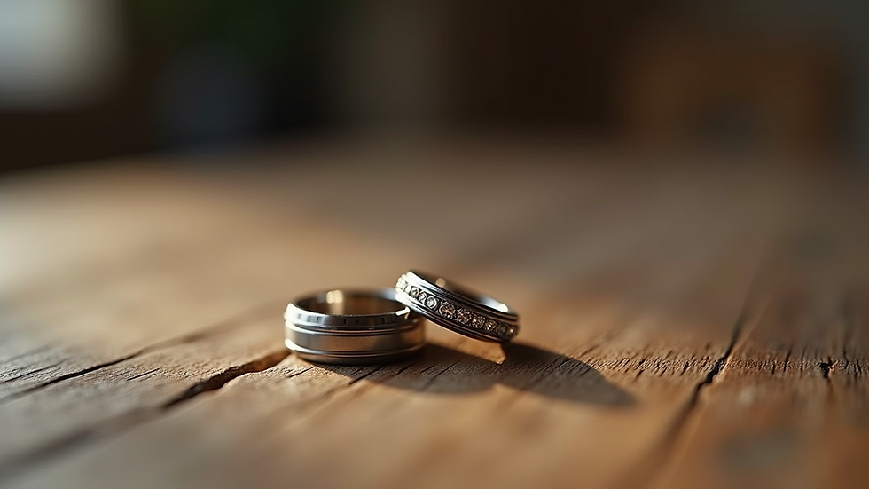 Close-up view of wedding rings on a rustic wooden table