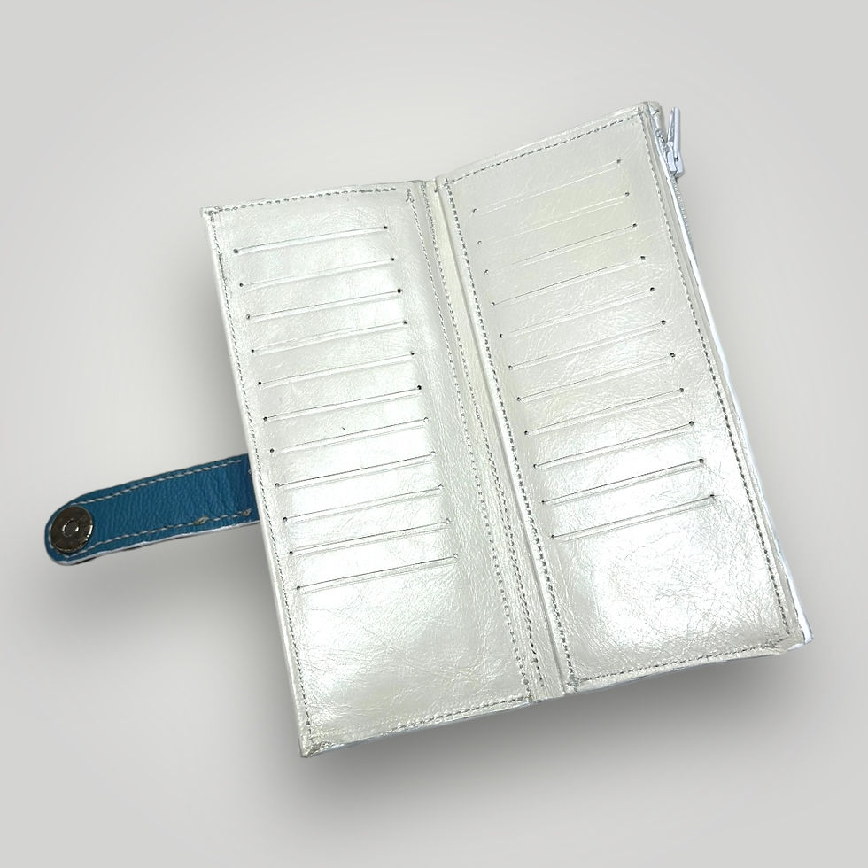 Thumbnail: The white leather inside of an Aegean teal handmade leather wallet featuring multiple card slots.