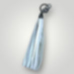 A white leather tassel keychain with gun metal snap.