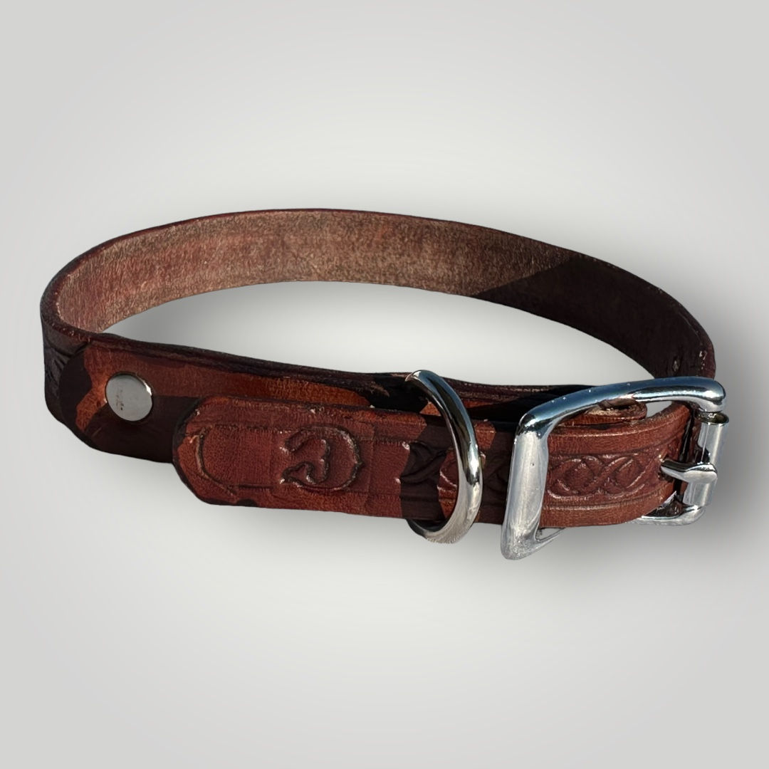 A hand dyed and tooled leather dog collar with a silver buckle seen from the front.
