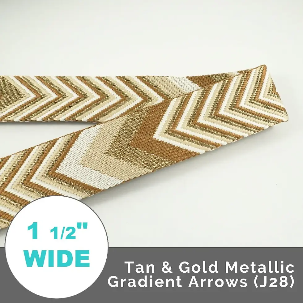Thumbnail: Gold and cognac chevron patterned webbing strap with large and small chevrons.