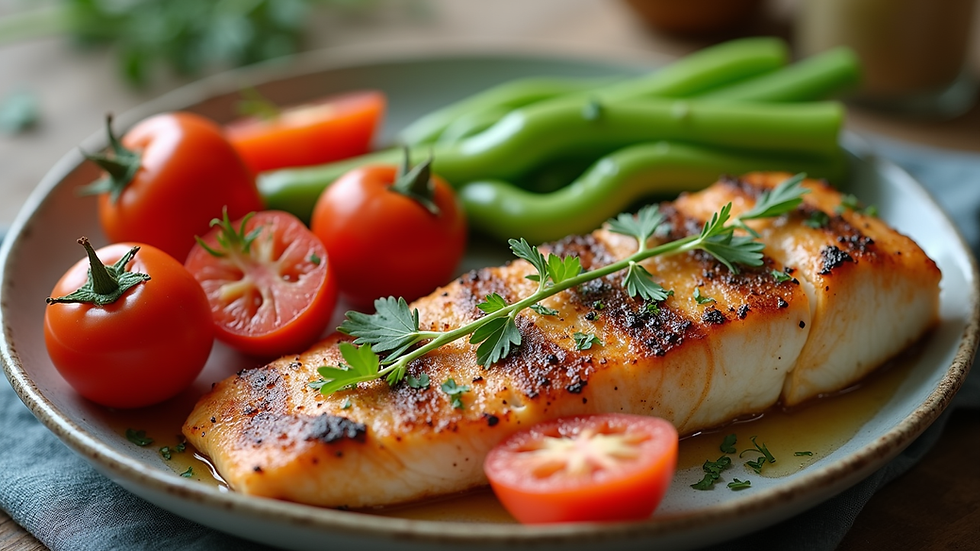Close-up view of a heart-healthy meal with vegetables and grilled fish