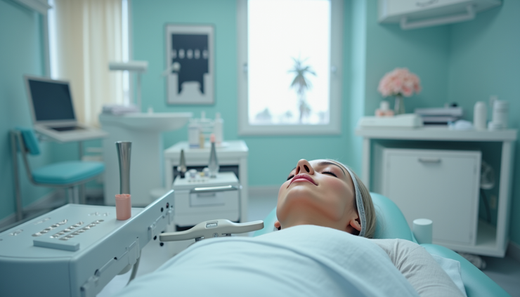 Eye-level view of a cosmetic clinic treatment room with facial filler equipment