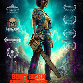 A lady holding a chainsaw in Southern Nightmare Poster