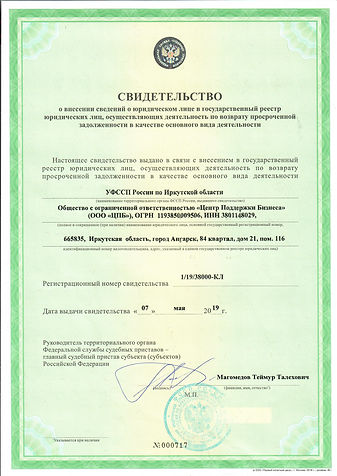 Свидетельство о внесении сведений в ЕГРЮ