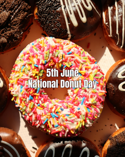 "5th June National Donut Day" Image of sprinkle donut and chocolate donuts