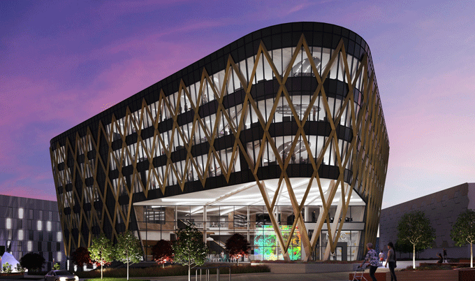 The Catalyst at Newcastle Helix at dusk