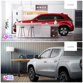 Graphic showing two Mitsubishi vehicles inside a house