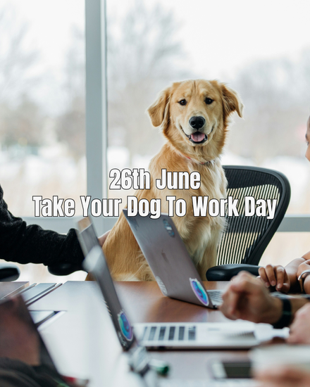 "26th June Bring Your Dog To Work Day" Image of dog at office table with people working on laptops