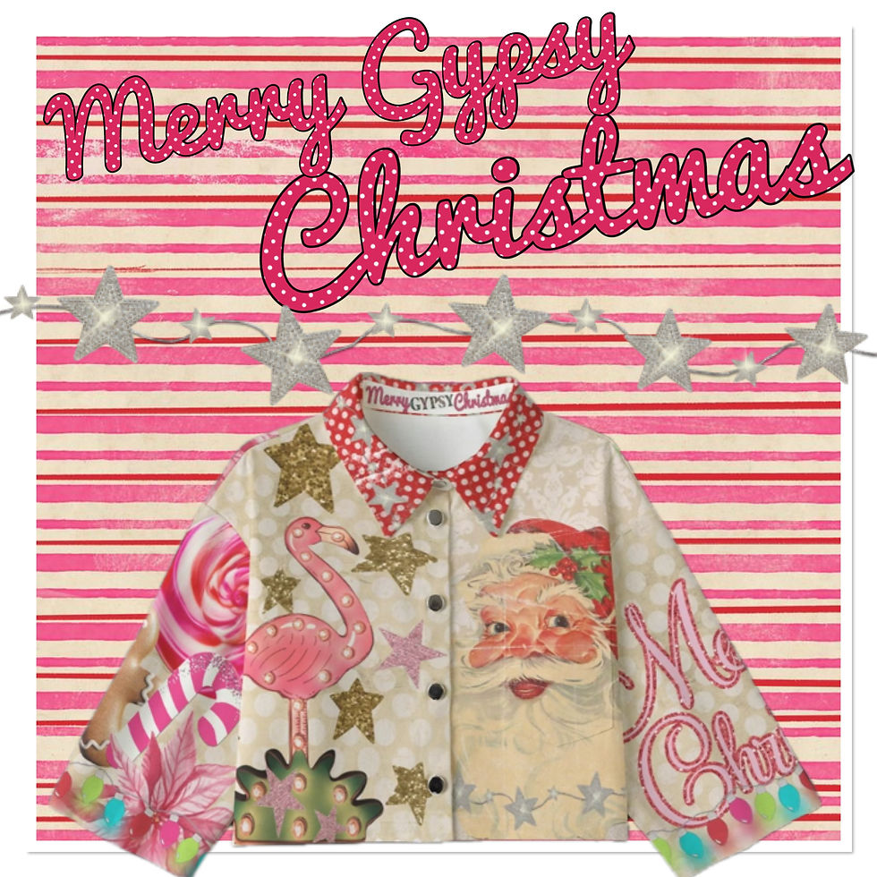 Festive jacket with Santa, flamingo, stars; red-pink striped background. Text: Merry Gypsy Christmas. Joyful holiday theme.