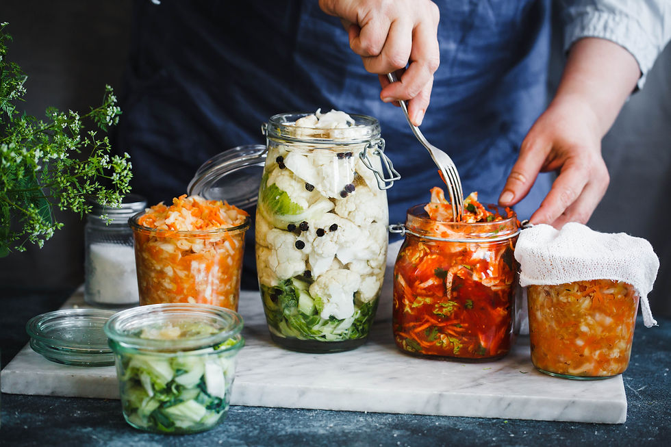 various ferments including sauerkraut and kimchi
