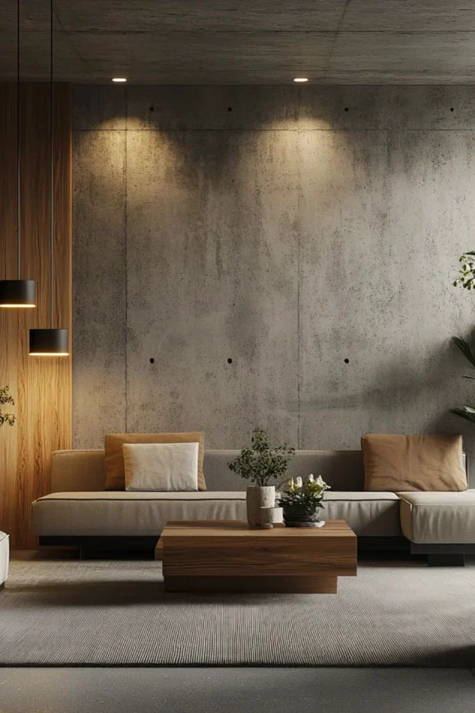 Textured concrete living room wall