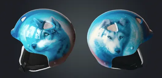 Airbrush malování lakování na lyžařskou helmu s detailním portrétováním psů Husky