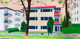 apartment building with pedestrian and cat
