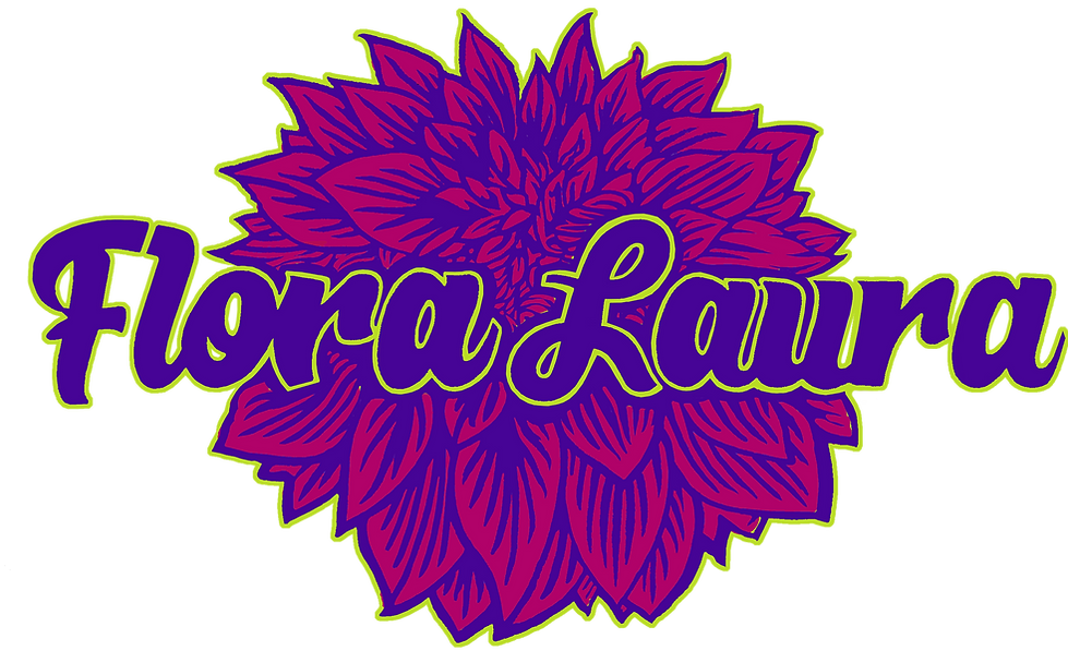 Logo of a large pink dahlia flower, the words Flora Laura written across, with accents in purple and lime green.